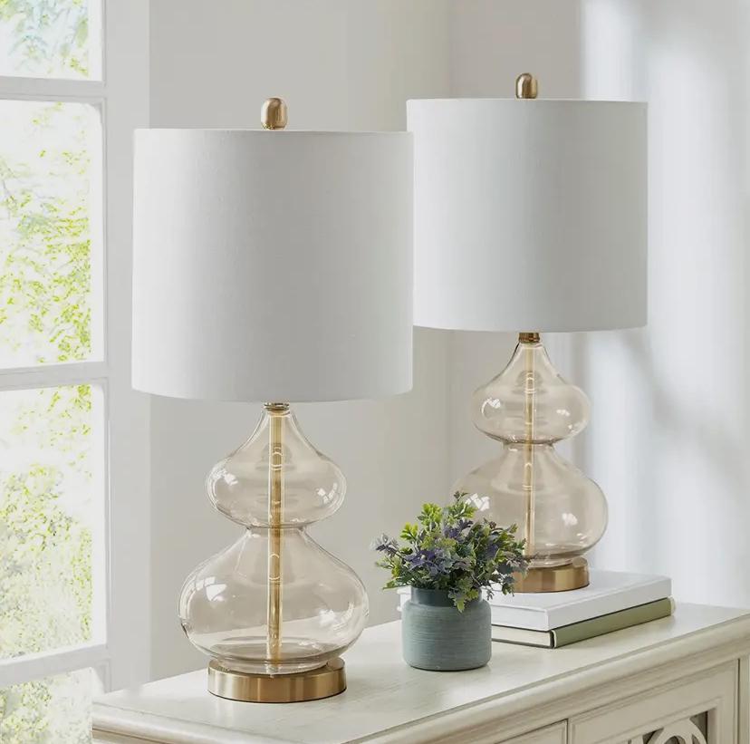Set of 2 Clear Glass Base Table Lamps with Gold Glass and White Drum Shade