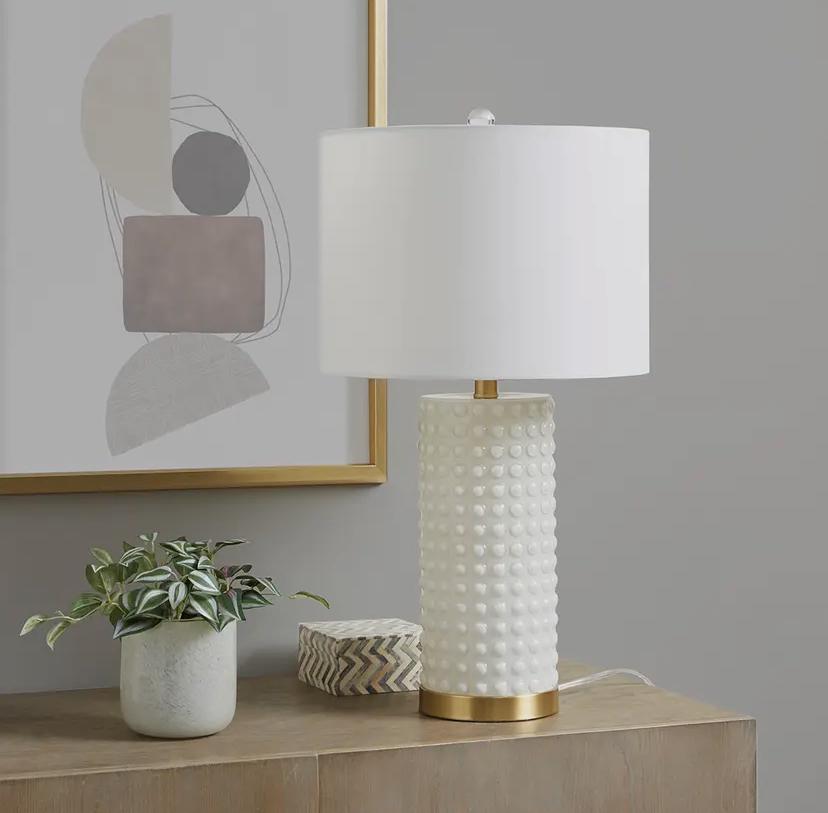 Gold White Glass Textured Dot Table Lamp with Drum Shade