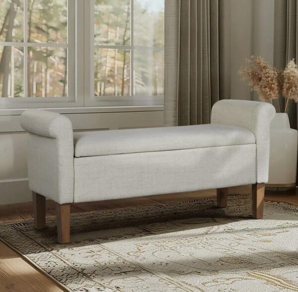 Natural Rolled Armrest Flip-Top Upholstered Storage Bench – Transitional Elegance with Ample Storage