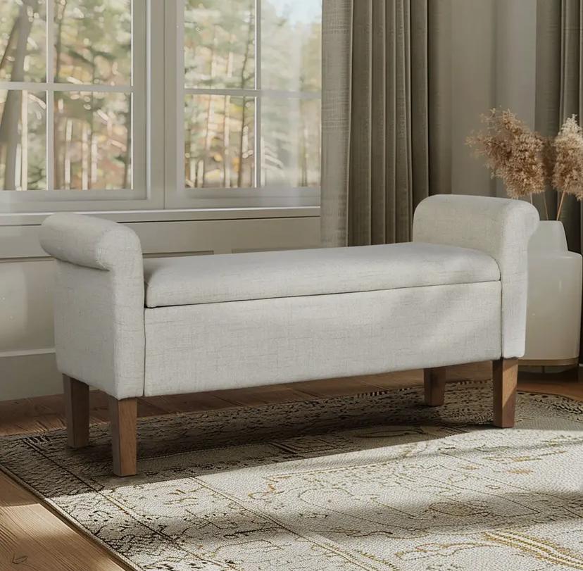 Natural Rolled Armrest Flip-Top Upholstered Storage Bench – Transitional Elegance with Ample Storage