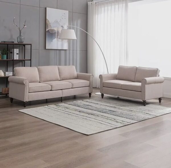 2-Piece Upholstered Living Room Set, Sectional Sofa Couch with Nailhead Trim, Includes 3-Seater Sofa and Loveseat (Beige)