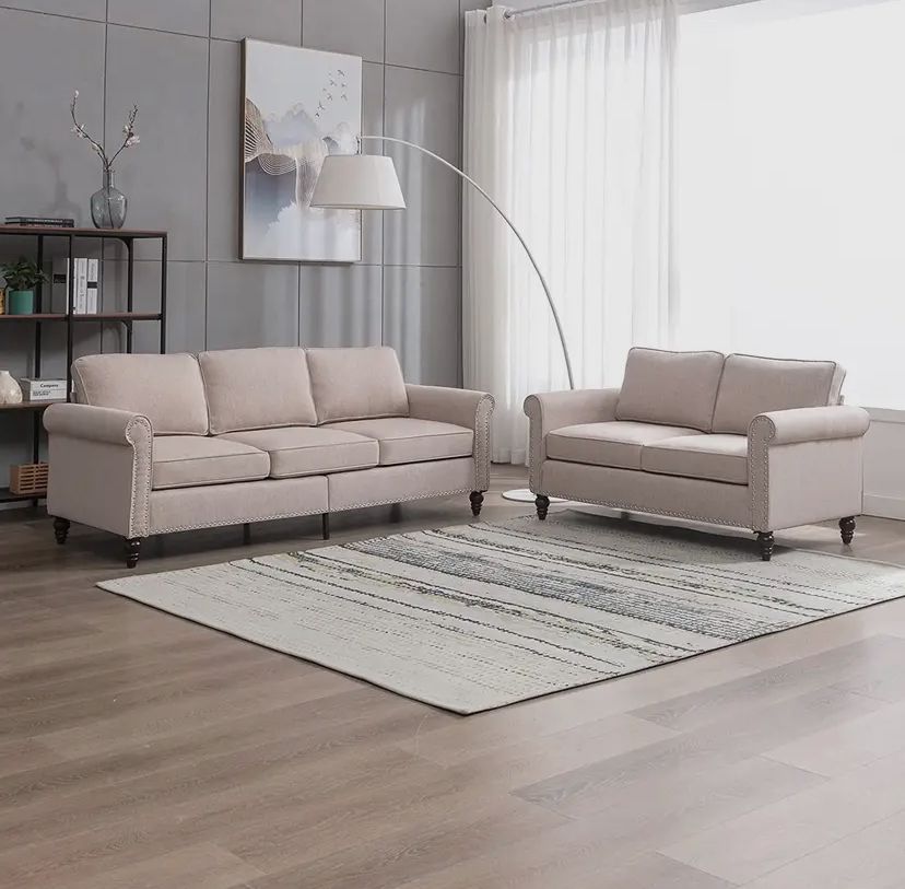 2-Piece Upholstered Living Room Set, Sectional Sofa Couch with Nailhead Trim, Includes 3-Seater Sofa and Loveseat (Beige)