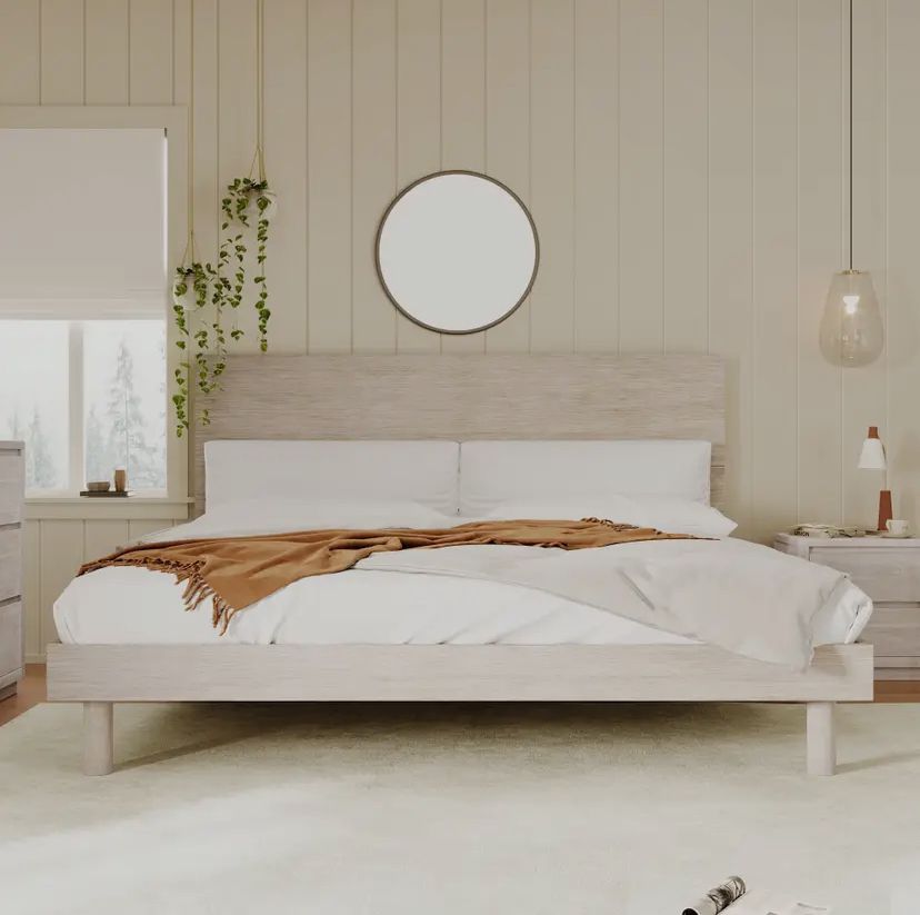 Modern Concise Style Solid Wood Grain Platform Bed Frame - King, Stone Gray