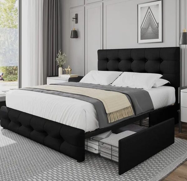 Queen Bed Frame with Four Storage Drawers and Adjustable Headboard