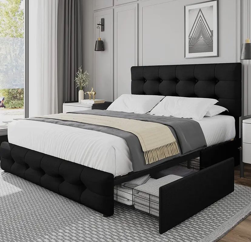 Queen Bed Frame with Four Storage Drawers and Adjustable Headboard