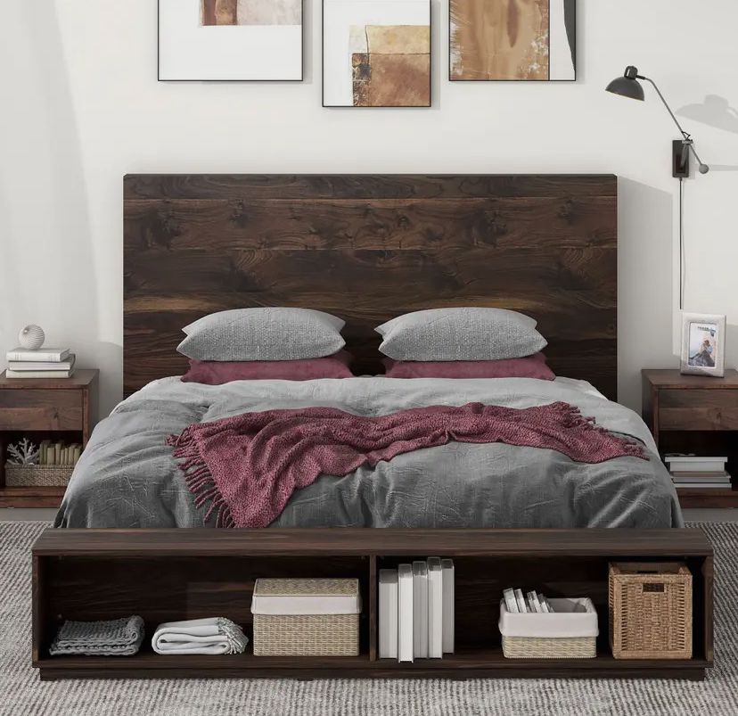 King Size Wood Platform Bed with Storage Bench - Walnut Finish