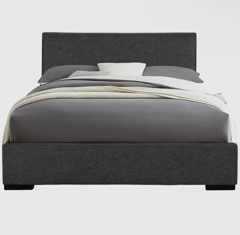 Grey Platform Queen Bed with Upholstered Headboard