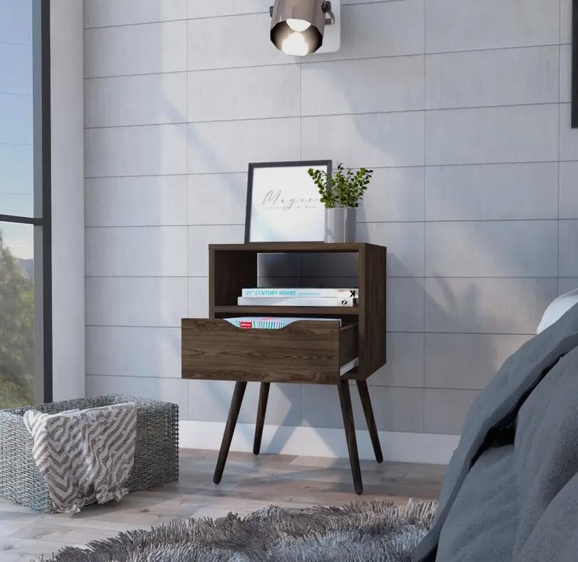 Otom Nightstand in Walnut – Modern Design with Open Shelf and Drawer